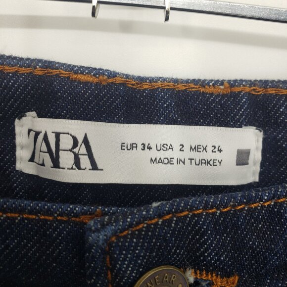 Zara New Straight Leg Jeans 2 High Rise Waist Dark Wash Denim Blue - Picture 3 of 10